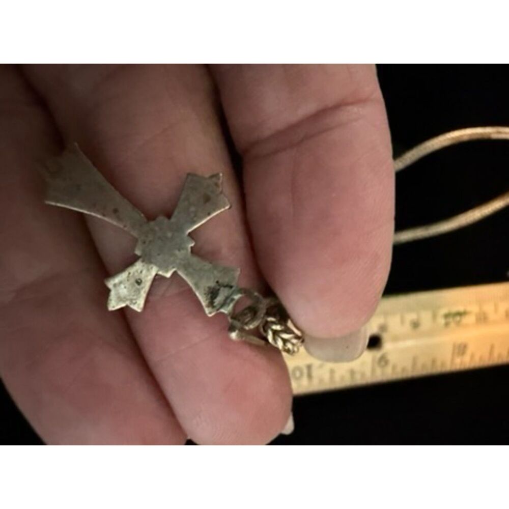 vtg ornate metal cross necklace with textured bale and hand woven wheat chain